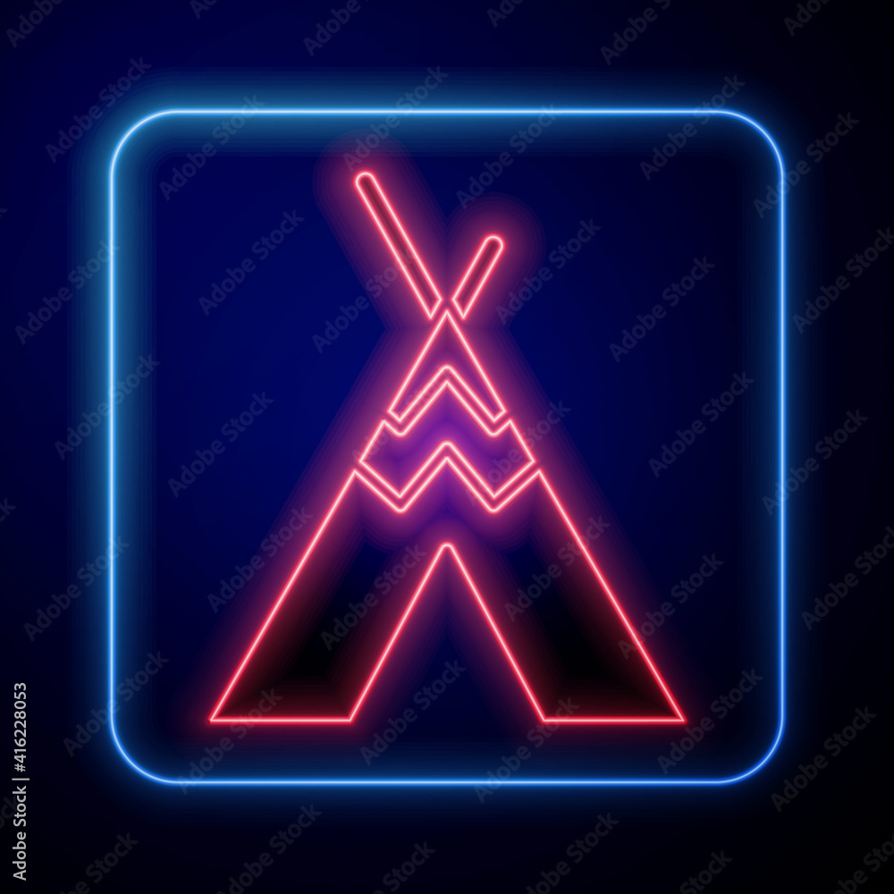 Glowing neon Traditional indian teepee or wigwam icon isolated on blue background. Indian tent. Vect