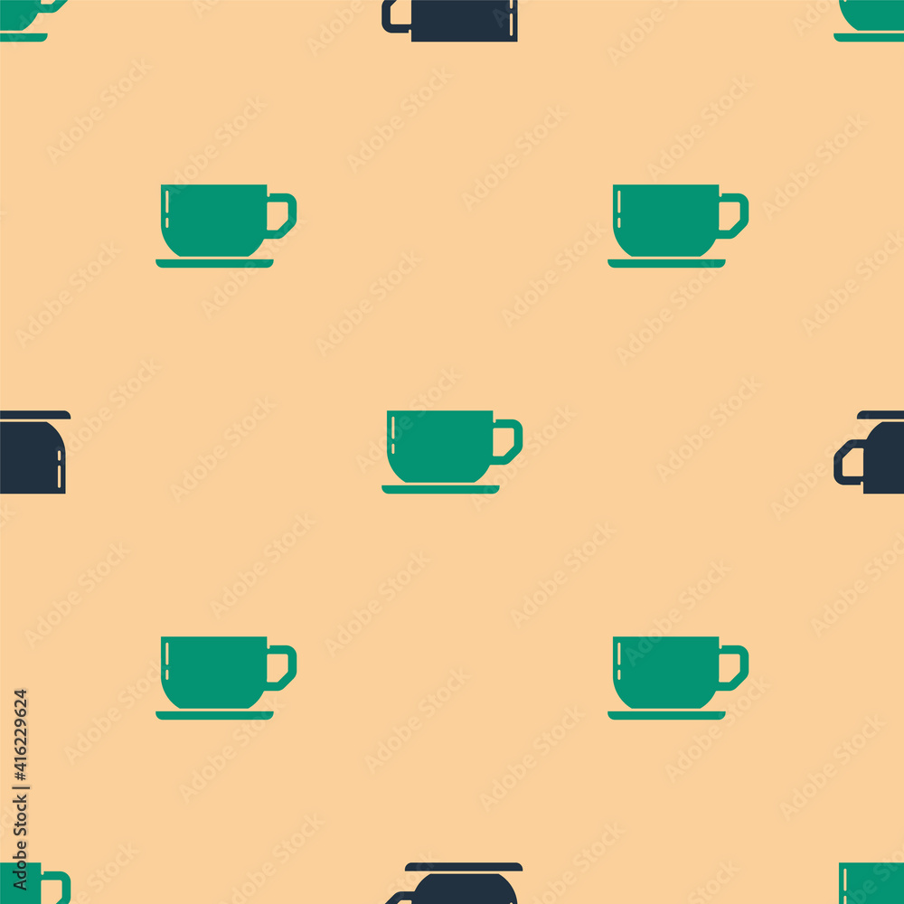 Green and black Coffee cup icon isolated seamless pattern on beige background. Tea cup. Hot drink co