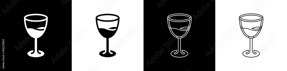 Set Wine glass icon isolated on black and white background. Wineglass sign. Vector.