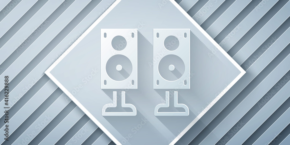 Paper cut Stereo speaker icon isolated on grey background. Sound system speakers. Music icon. Musica