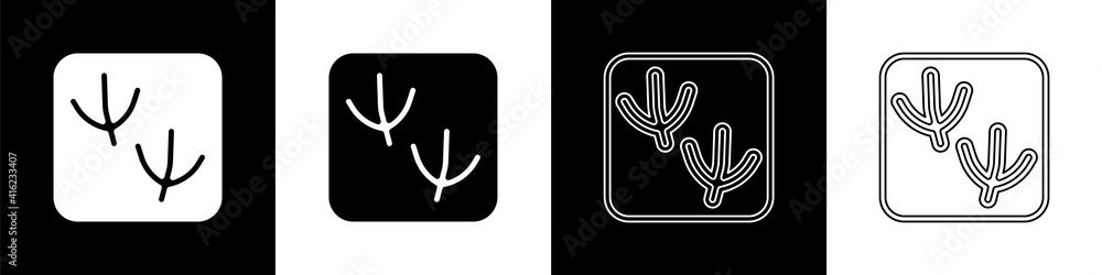 Set Dove paw footprint icon isolated on black and white background. Vector.