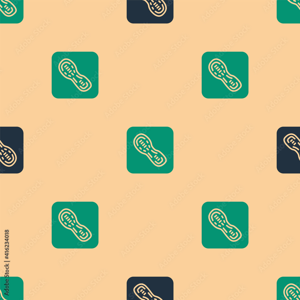 Green and black Human footprints shoes icon isolated seamless pattern on beige background. Shoes sol