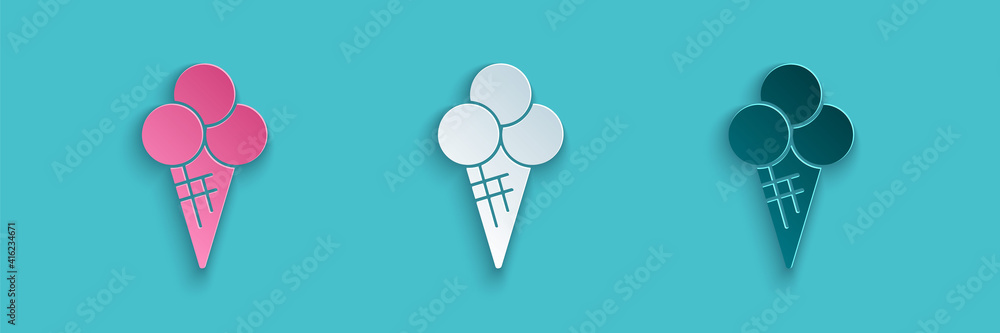 Paper cut Ice cream in waffle cone icon isolated on blue background. Sweet symbol. Paper art style. 