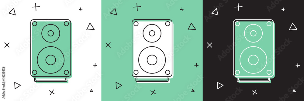 将立体声扬声器图标隔离在白色和绿色黑色背景上。音响系统扬声器。音乐