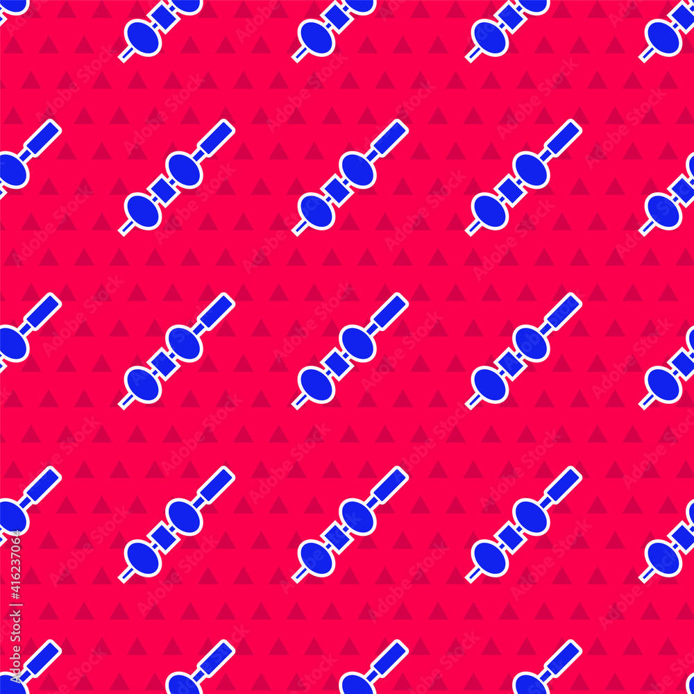 Blue Olive and cheese on chopstick icon isolated seamless pattern on red background. Canape, tapas w