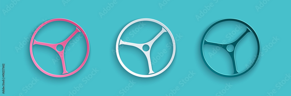 Paper cut Bicycle wheel icon isolated on blue background. Bike race. Extreme sport. Sport equipment.