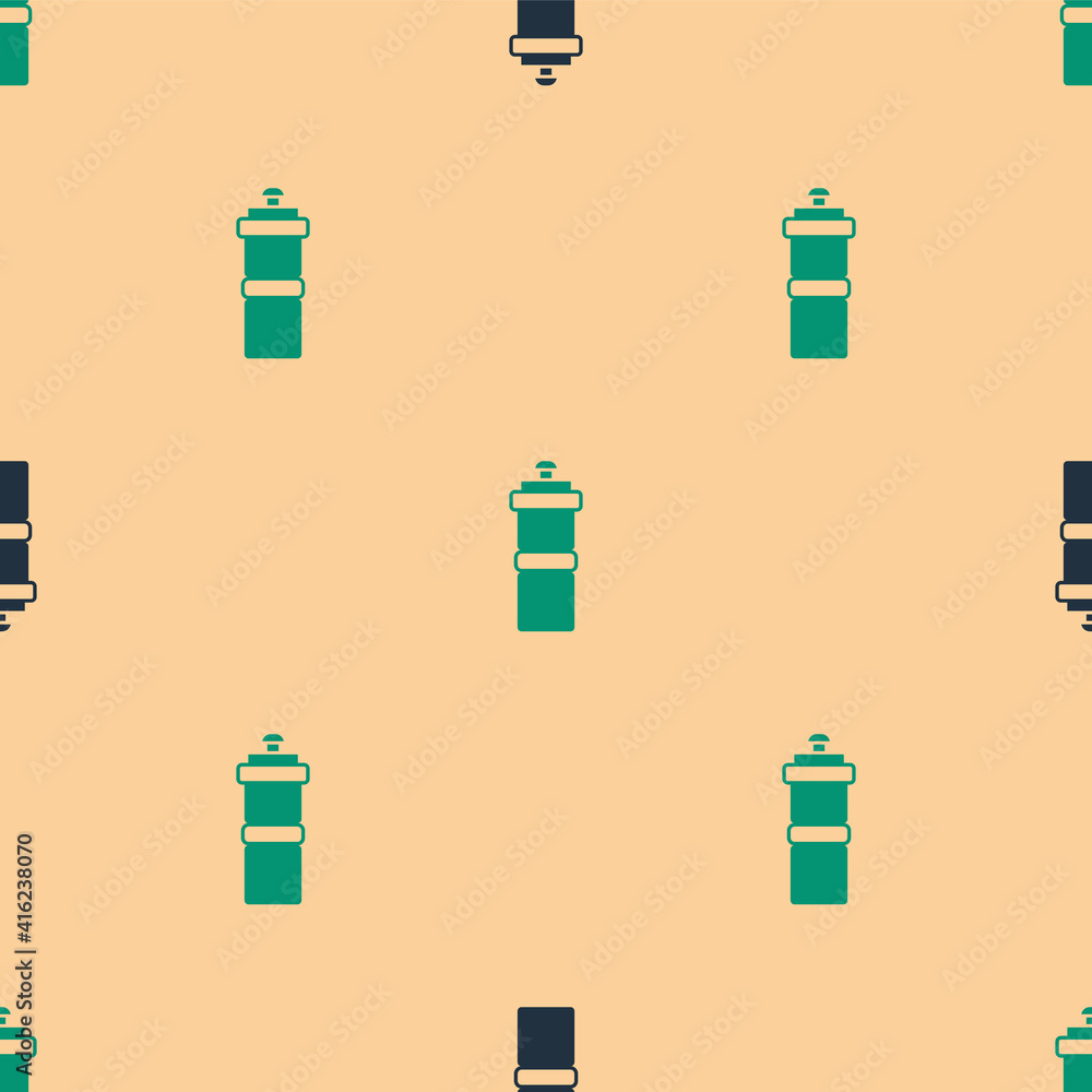 Green and black Sport bottle with water icon isolated seamless pattern on beige background. Vector.