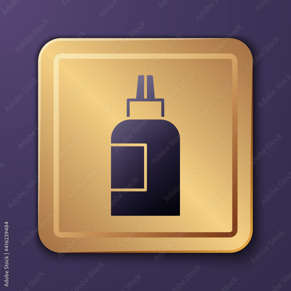 Purple Paint, gouache, jar, dye icon isolated on purple background. Gold square button. Vector.