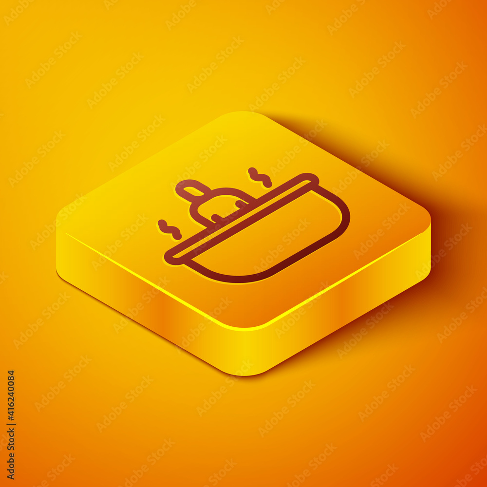 Isometric line Bathtub icon isolated on orange background. Yellow square button. Vector Illustration