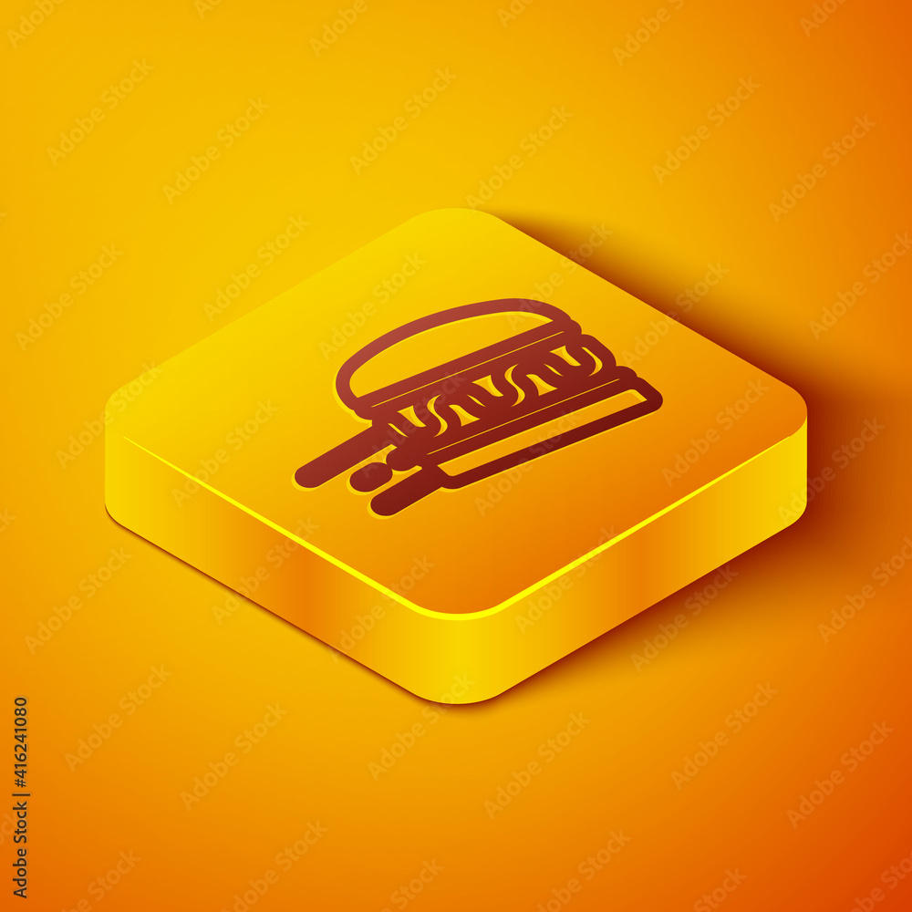 Isometric line Online ordering and burger delivery icon isolated on orange background. Yellow square