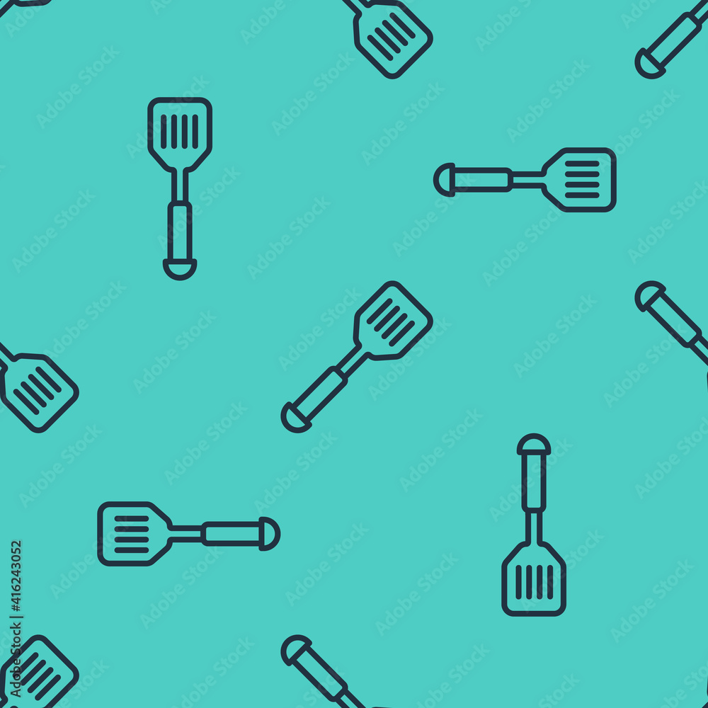 Black line Spatula icon isolated seamless pattern on green background. Kitchen spatula icon. BBQ spa