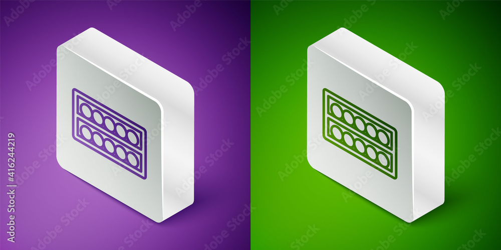 Isometric line Billiard balls on a stand icon isolated on purple and green background. Billiard ball