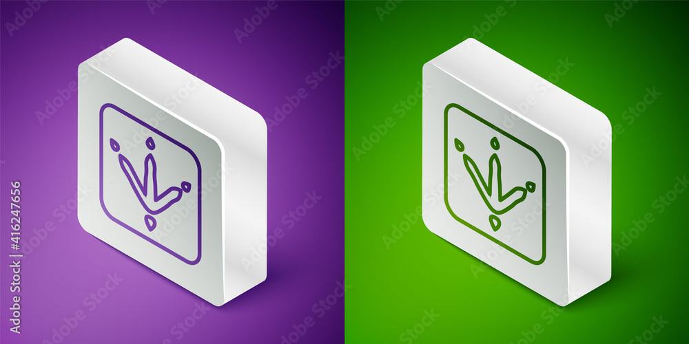 Isometric line Chicken paw footprint icon isolated on purple and green background. Rooster stamp. Si