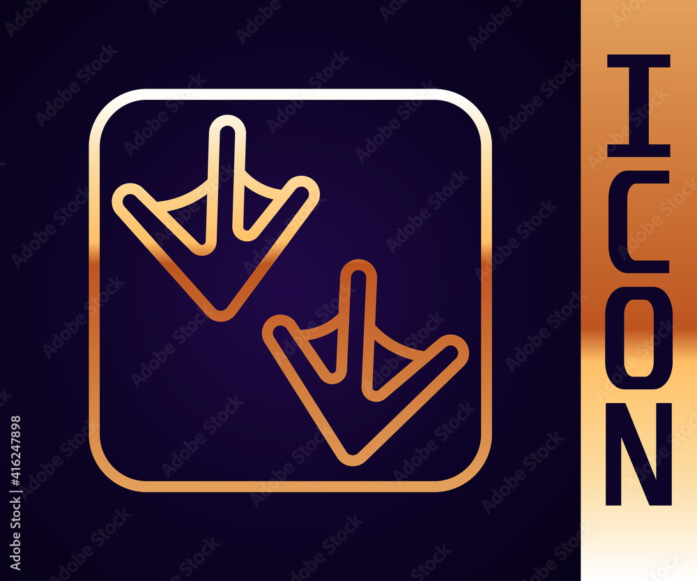 Gold line Goose paw footprint icon isolated on black background. Vector.