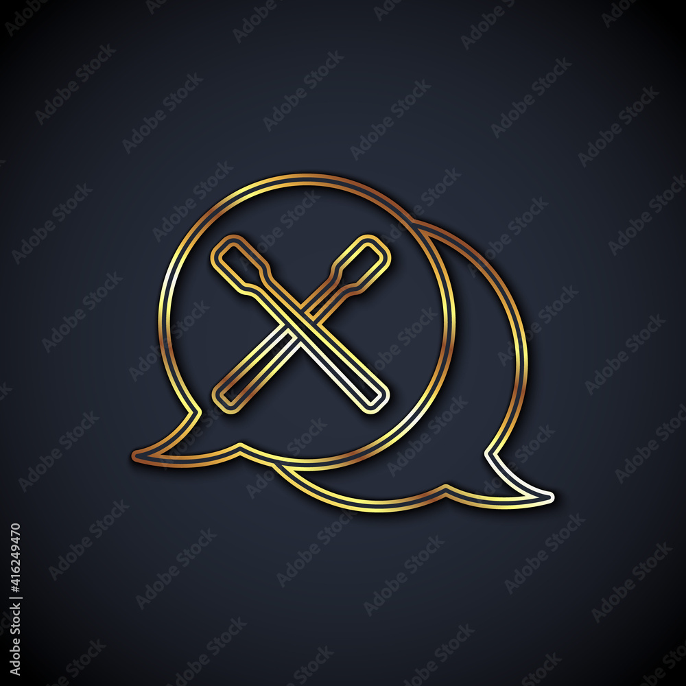 Gold line Drum sticks icon isolated on black background. Musical instrument. Vector.