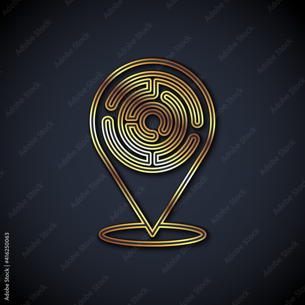 Gold line Minotaur maze or labyrinth icon isolated on black background. Ancient Greek mythology. Vec