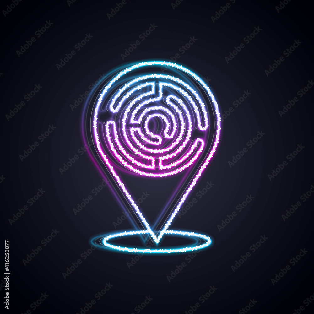 Glowing neon line Minotaur maze or labyrinth icon isolated on black background. Ancient Greek mythol