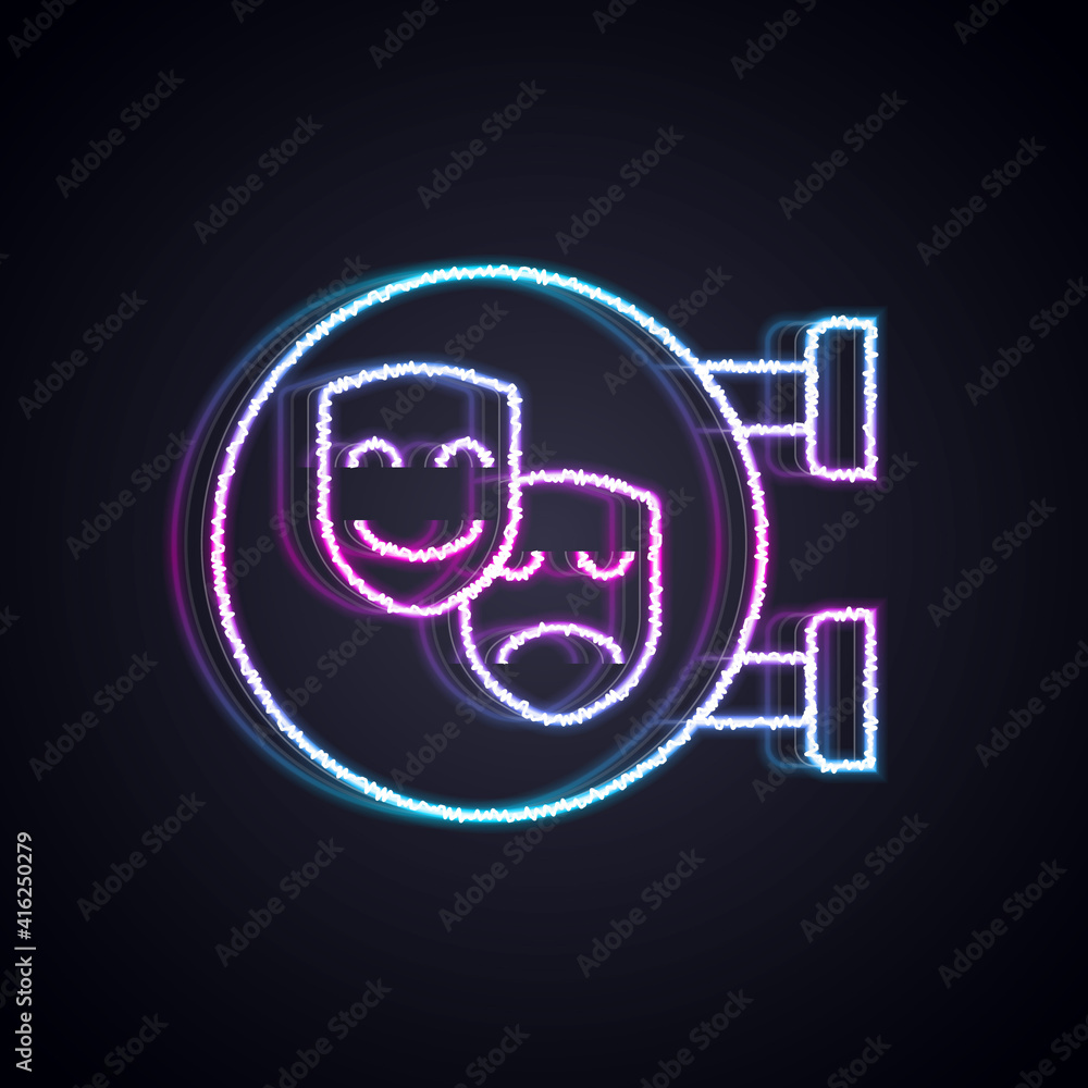 Glowing neon line Comedy and tragedy theatrical masks icon isolated on black background. Vector.