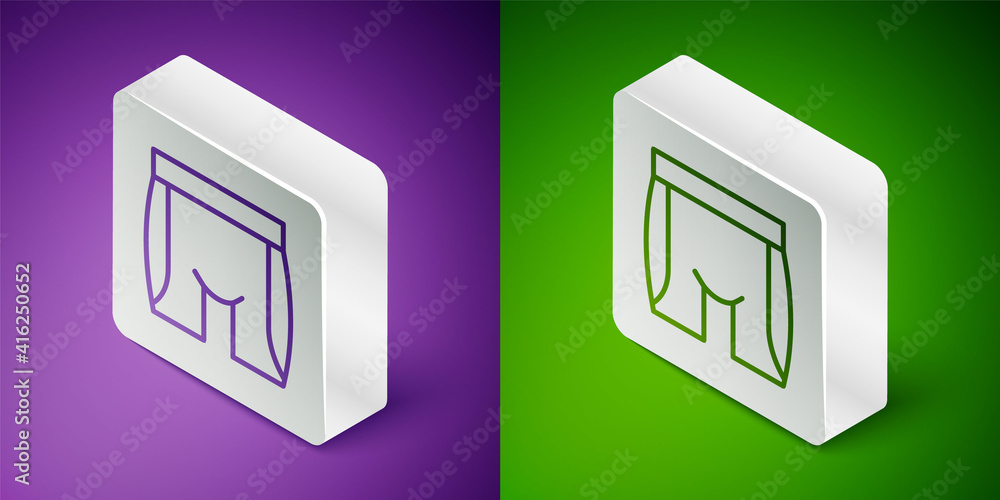 Isometric line Cycling shorts icon isolated on purple and green background. Silver square button. Ve