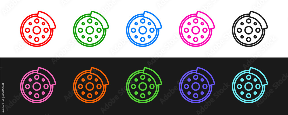 Set line Bicycle brake disc icon isolated on black and white background. Vector.