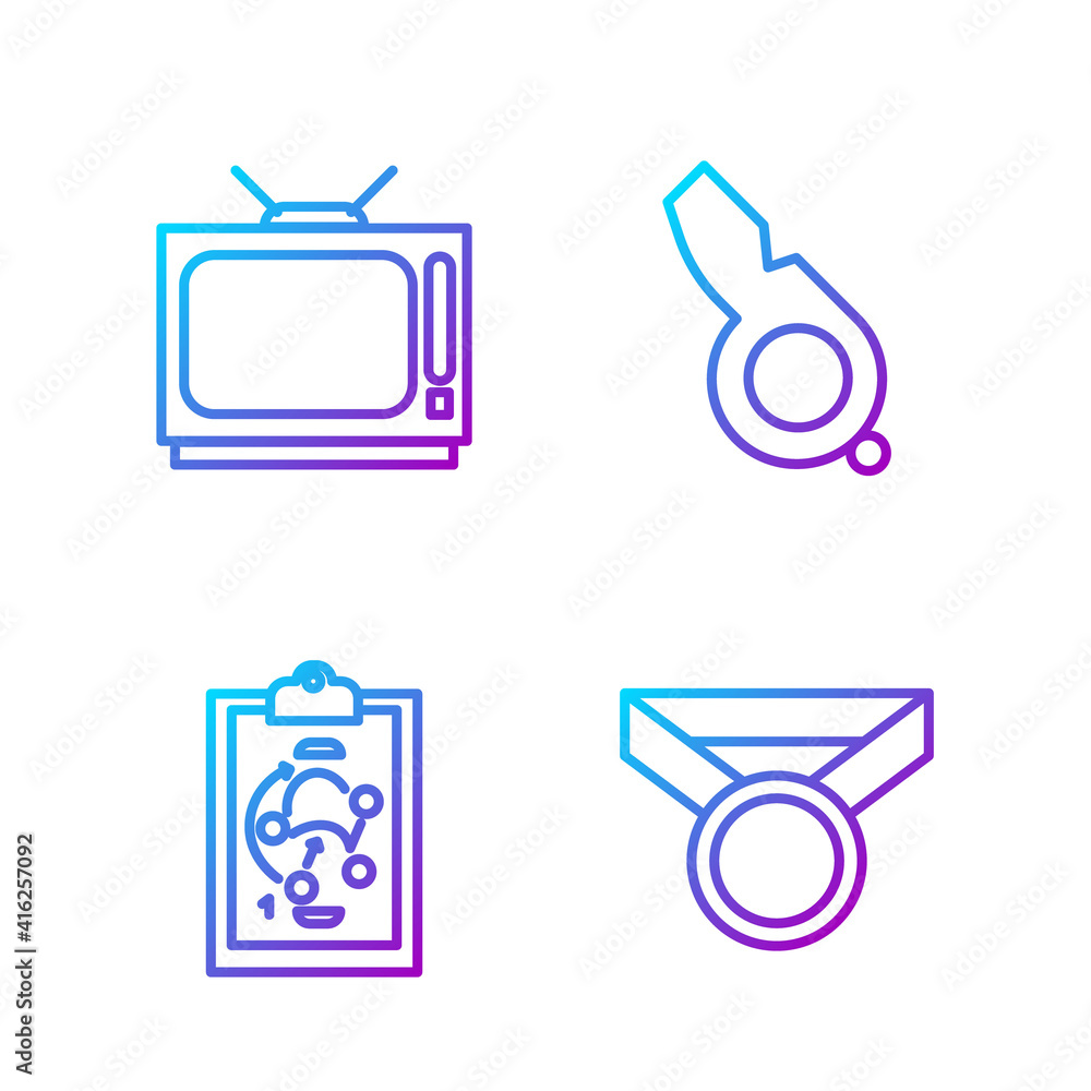 Set line Medal, Planning strategy, Retro tv and Whistle. Gradient color icons. Vector.