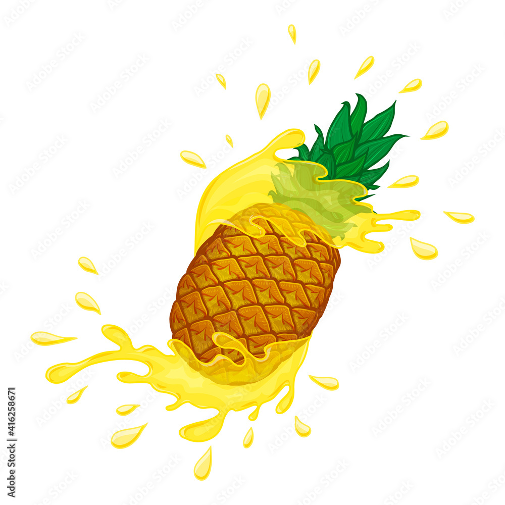 Pineapple with splashes. Hand drawn objects. Cartoon style. Vector illustration. Isolated on white.