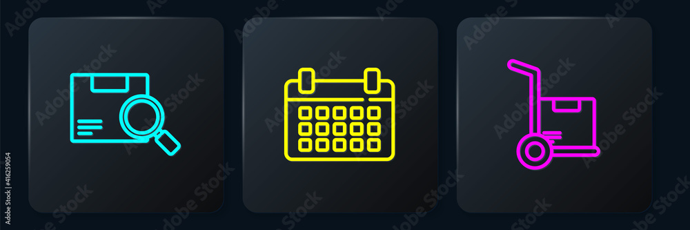 Set line Search package, Hand truck and boxes and Calendar. Black square button. Vector.