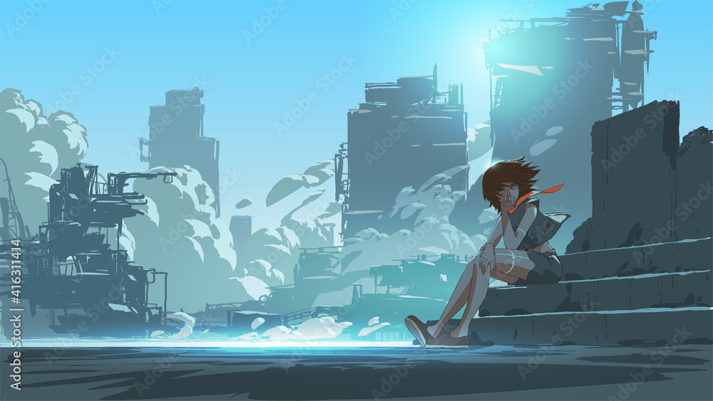 woman sitting outside against the futuristic city scene in the background, vector illustration