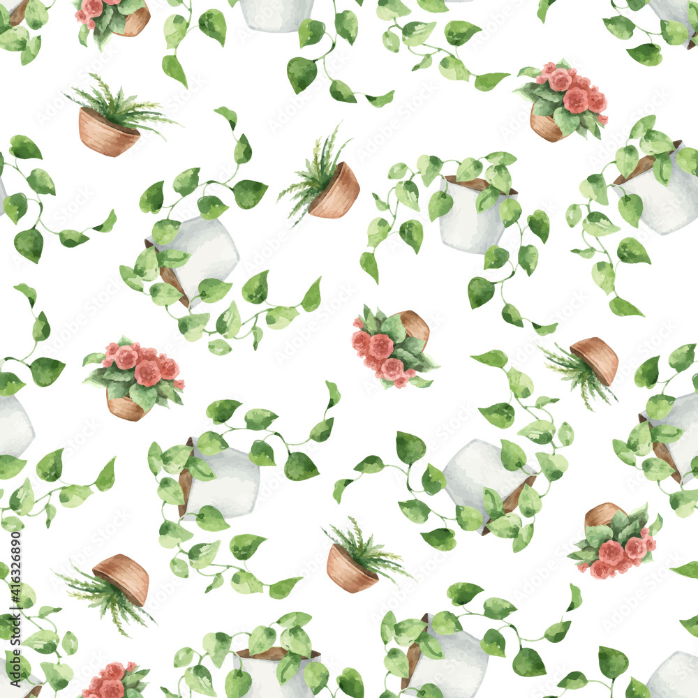 Watercolor vector seamless pattern of indoor green plants in pots.