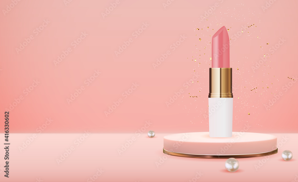 3D Realistic Natural Lipstick on Pink Podium with Pearl Design Template of Fashion Cosmetics Product