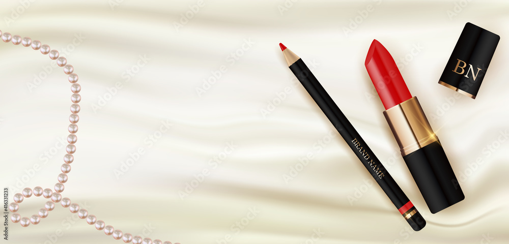 3D Realistic Lipstick and Pencil on White Silk with Pearl Design Template of Fashion Cosmetics Produ