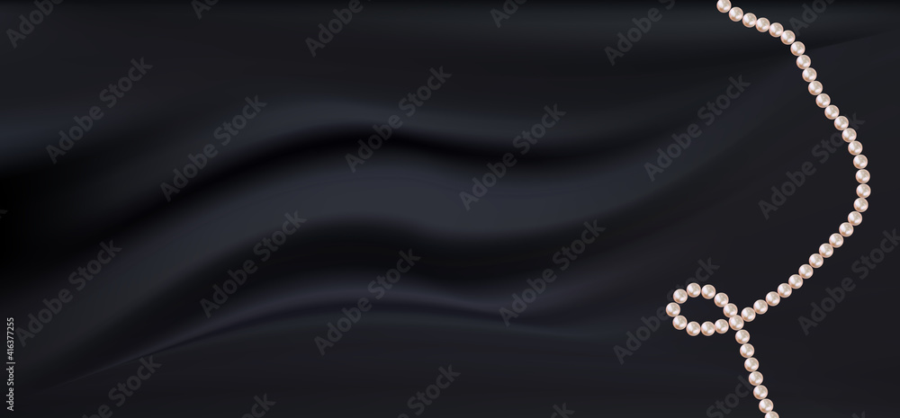 Realistic dark black silk satin fabric background with pearls. Vector Illustration