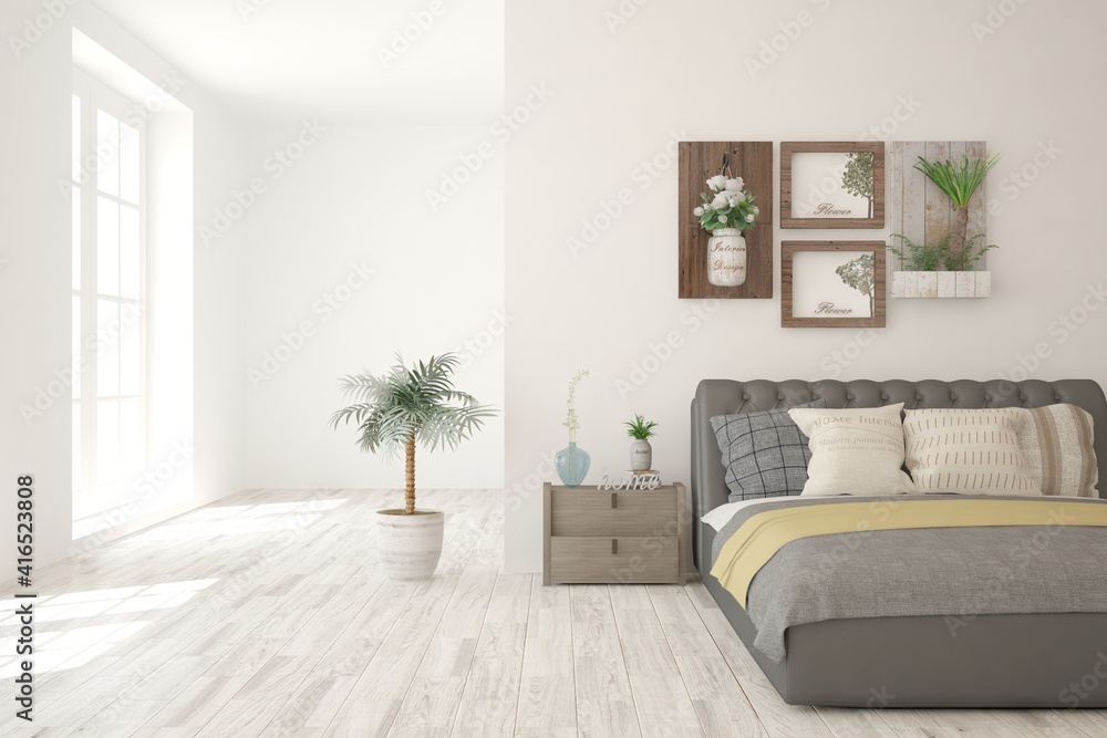 White bedroom interior. Scandinavian design. 3D illustration