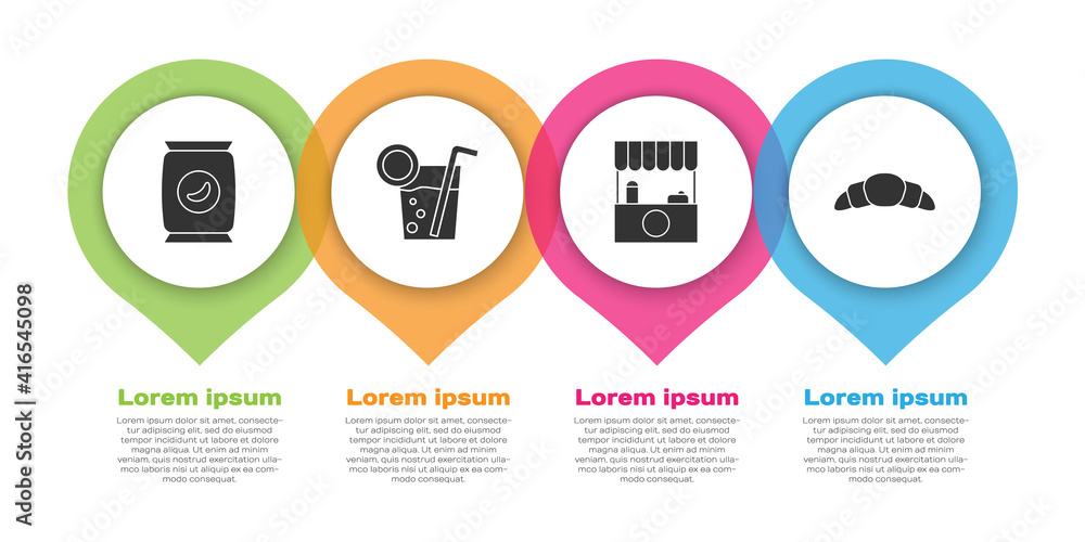 成套袋装薯片、鸡尾酒、带遮阳篷和羊角面包的街头摊位。商业信息图