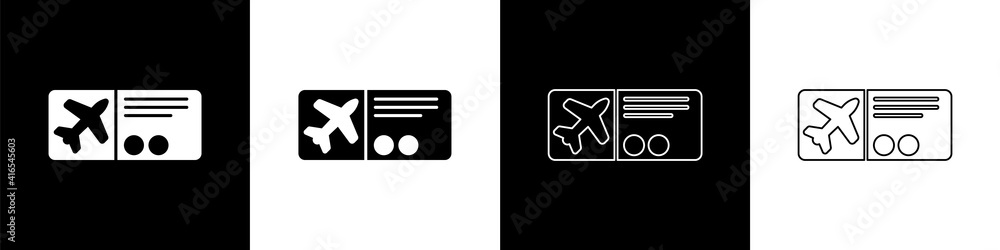 Set Airline ticket icon isolated on black and white background. Plane ticket. Vector Illustration.