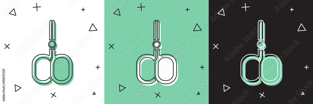 Set Nail scissors cuticle cut beauty salon icon isolated on white and green, black background. Cosme