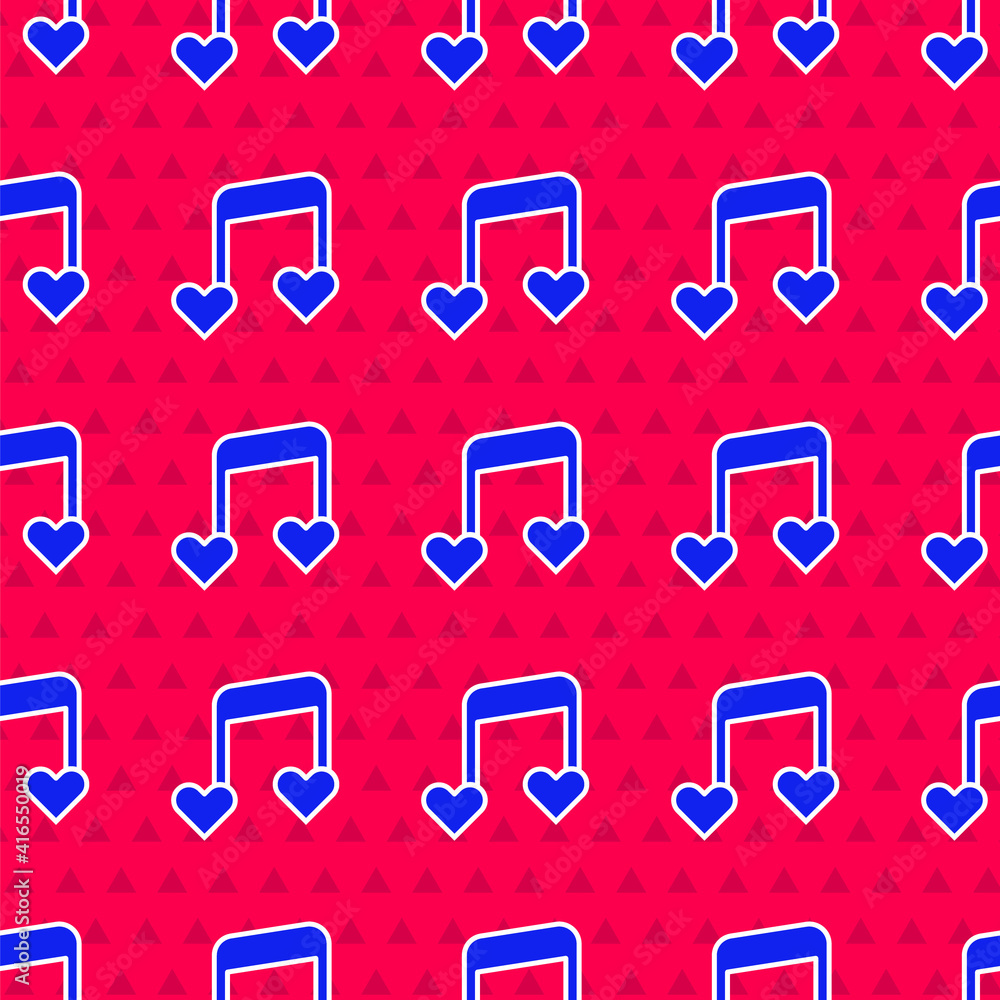 Blue Music note, tone with hearts icon isolated seamless pattern on red background. Valentines day. 