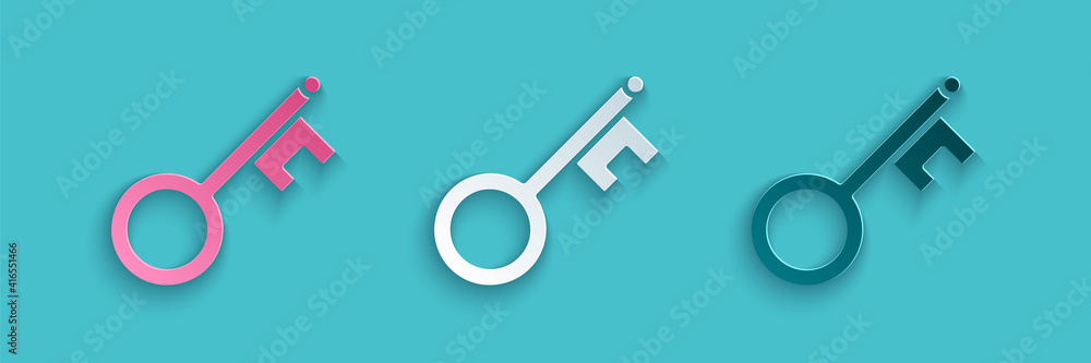 Paper cut Old key icon isolated on blue background. Paper art style. Vector.