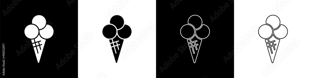 Set Ice cream in waffle cone icon isolated on black and white background. Sweet symbol. Vector.