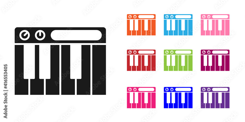 白色背景上隔离的黑色音乐合成器图标。电子钢琴。设置彩色图标。Vec