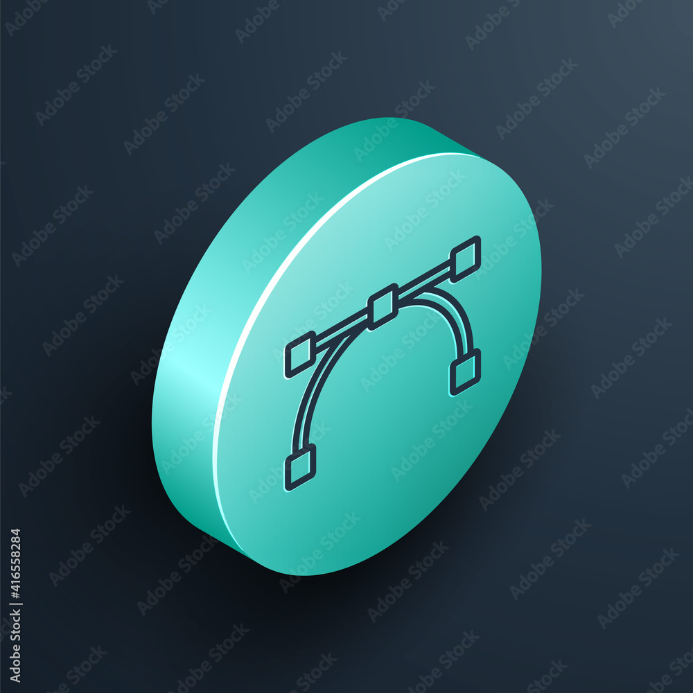 Isometric line Bezier curve icon isolated on black background. Pen tool icon. Turquoise circle butto