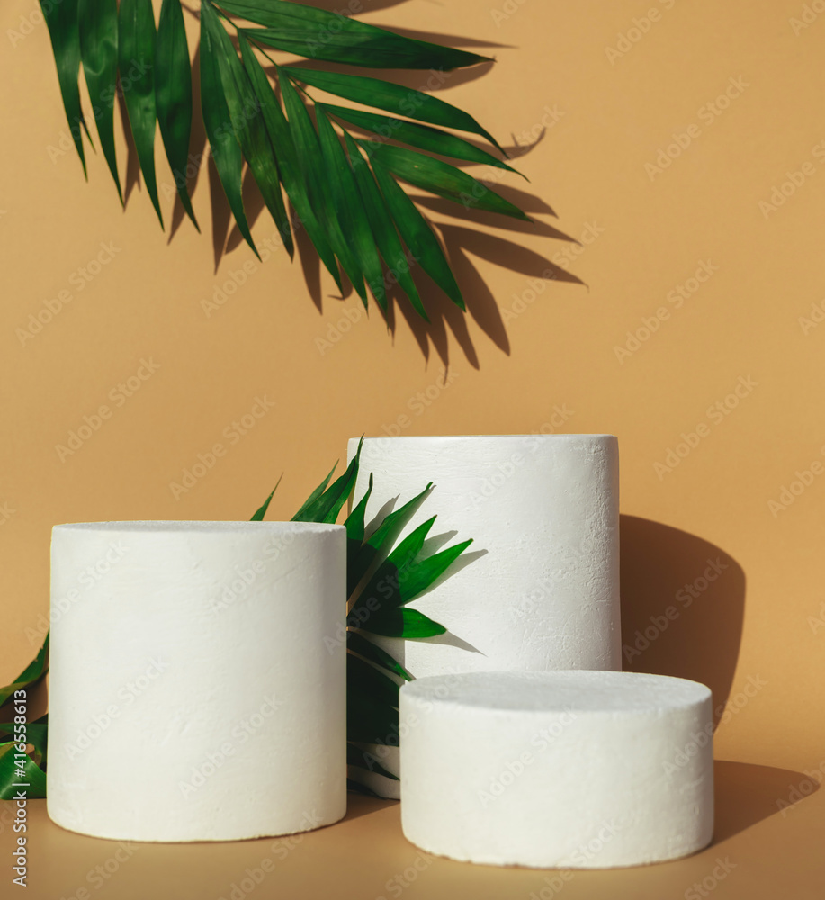 Empty background for cosmetic products. Podiums with green leaves and shadow on beige background.