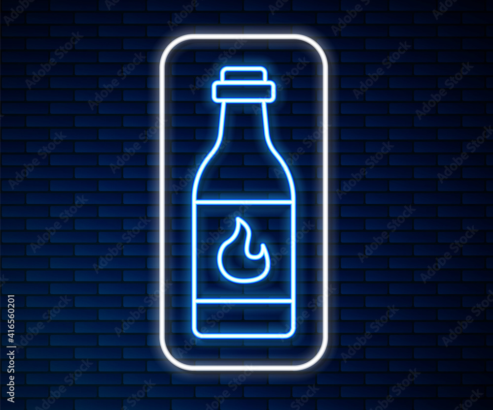 Glowing neon line Tabasco sauce icon isolated on brick wall background. Chili cayenne spicy pepper s