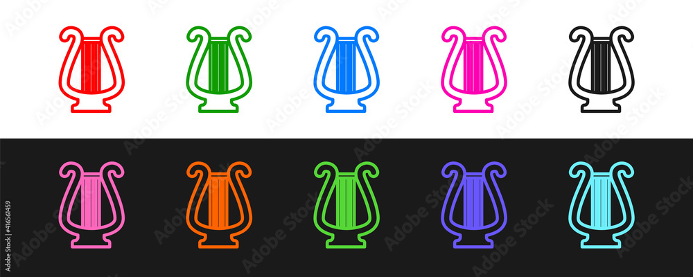 Set line Ancient Greek lyre icon isolated on black and white background. Classical music instrument,