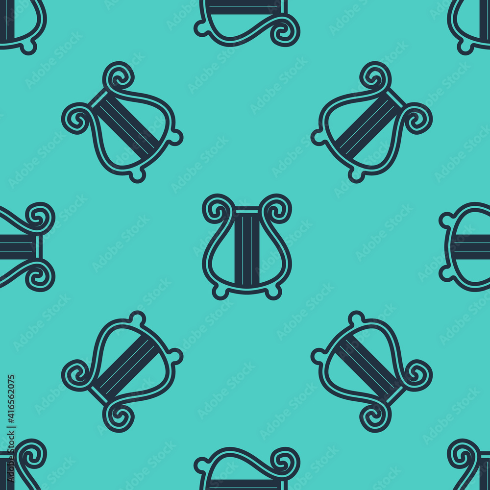 Black line Ancient Greek lyre icon isolated seamless pattern on green background. Classical music in