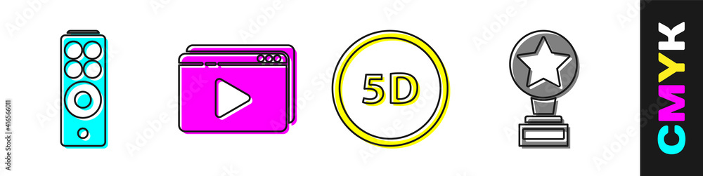 设置遥控器、在线播放视频、5d虚拟现实和电影奖杯图标。矢量。