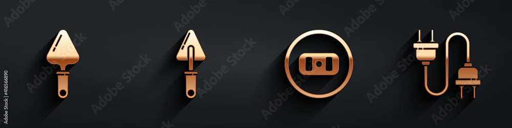 Set Trowel, Trowel, Electrical outlet and Electric plug icon with long shadow. Vector.