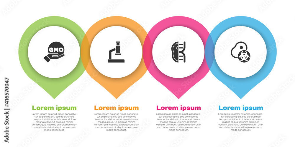 Set GMO, Microscope, Genetically modified meat and . Business infographic template. Vector.