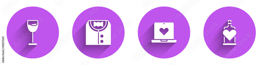 Set Wine glass, Suit, Dating app online and Bottle with love potion icon with long shadow. Vector.