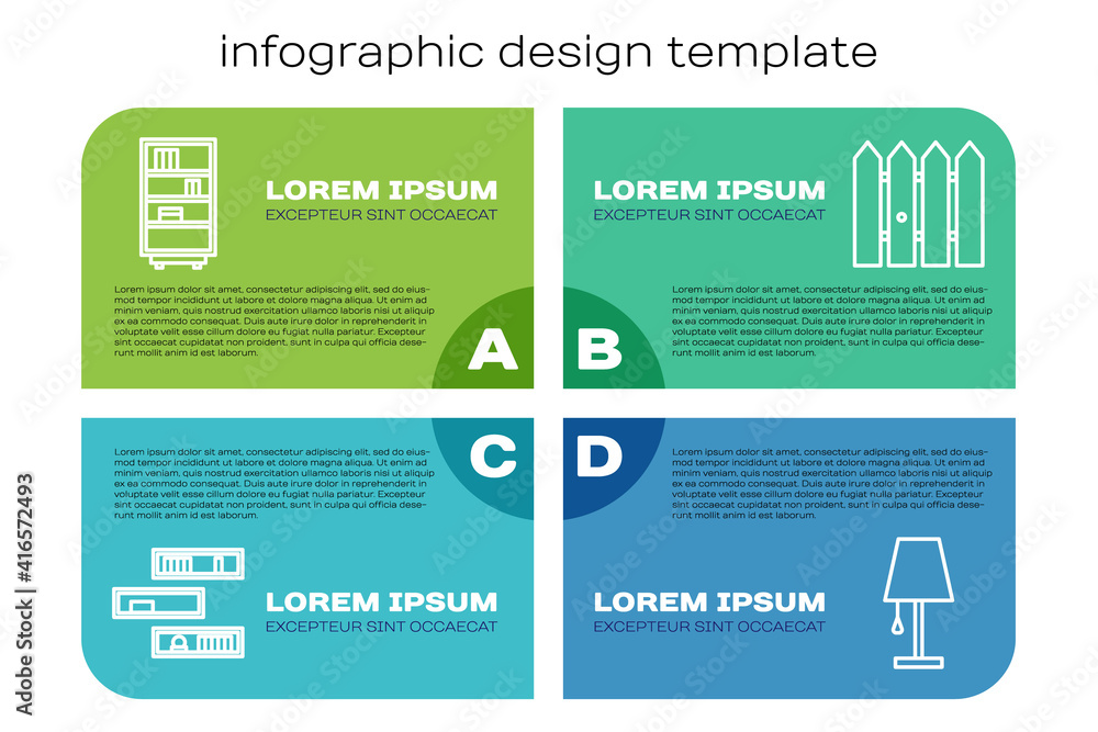 Set line Shelf with books, Library bookshelf, Table lamp and Garden fence wooden. Business infograph